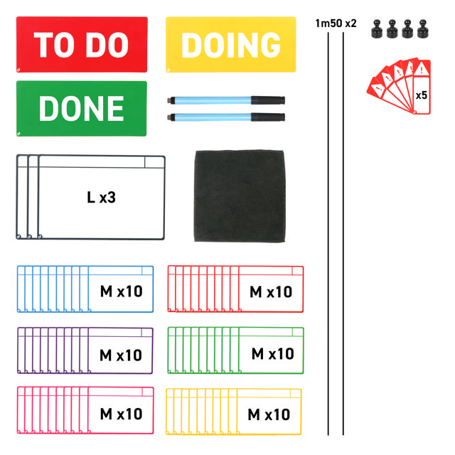 Magnetisk opgavekortssæt til Kanban-tavle, 3 kolonner, M-kort