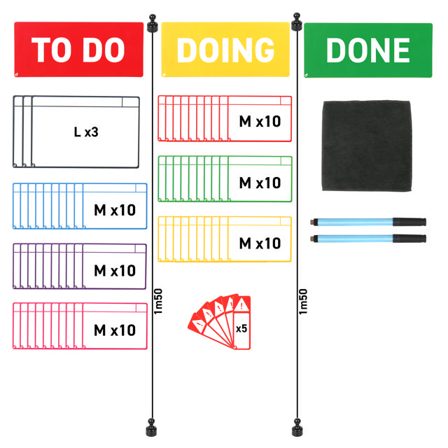 Magnetisk opgavekortssæt til Kanban-tavle, 3 kolonner, M-kort