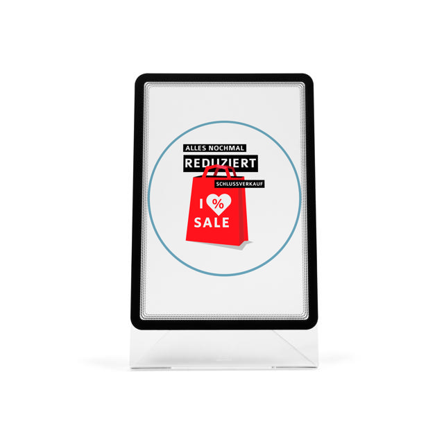 Skilteholder i akryl til bordplade med A4 Magneto displaylomme, skrå L-form, stående/liggende